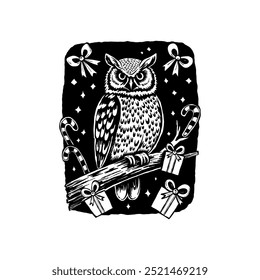 Merry Christmas and Happy New Year illustration, for greeting cards, posters, holiday covers. Xmas festive linocut black hand drawn.