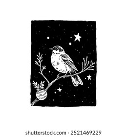 Merry Christmas and Happy New Year illustration, for greeting cards, posters, holiday covers. Xmas festive linocut black hand drawn.