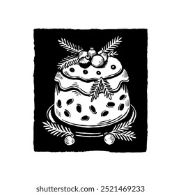 Merry Christmas and Happy New Year illustration, for greeting cards, posters, holiday covers. Xmas festive linocut black hand drawn.