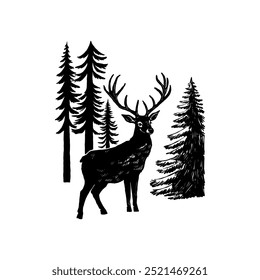 Merry Christmas and Happy New Year illustration, for greeting cards, posters, holiday covers. Xmas festive linocut black hand drawn.