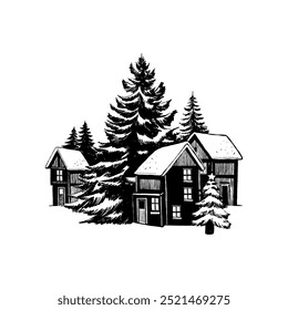 Merry Christmas and Happy New Year illustration, for greeting cards, posters, holiday covers. Xmas festive linocut black hand drawn.