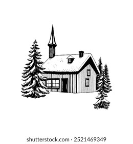 Merry Christmas and Happy New Year illustration, for greeting cards, posters, holiday covers. Xmas festive linocut black hand drawn.