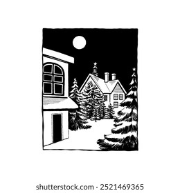Merry Christmas and Happy New Year illustration, for greeting cards, posters, holiday covers. Xmas festive linocut black hand drawn.