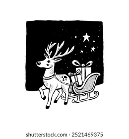 Merry Christmas and Happy New Year illustration, for greeting cards, posters, holiday covers. Xmas festive linocut black hand drawn.