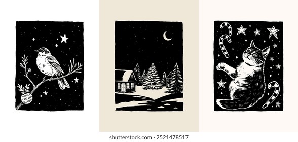 Merry Christmas and Happy New Year illustration, for greeting cards, posters, holiday covers. Xmas festive linocut black hand drawn.