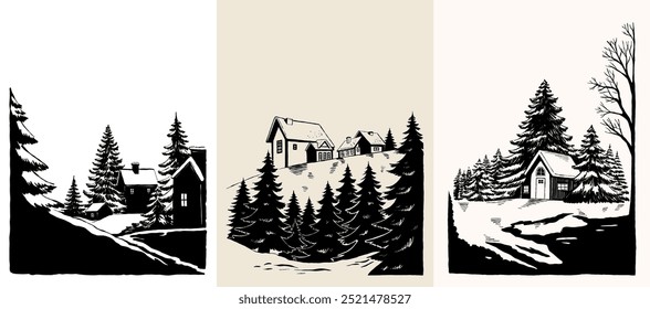 Merry Christmas and Happy New Year illustration, for greeting cards, posters, holiday covers. Xmas festive linocut black hand drawn.