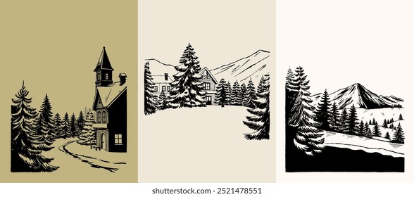 Merry Christmas and Happy New Year illustration, for greeting cards, posters, holiday covers. Xmas festive linocut black hand drawn.