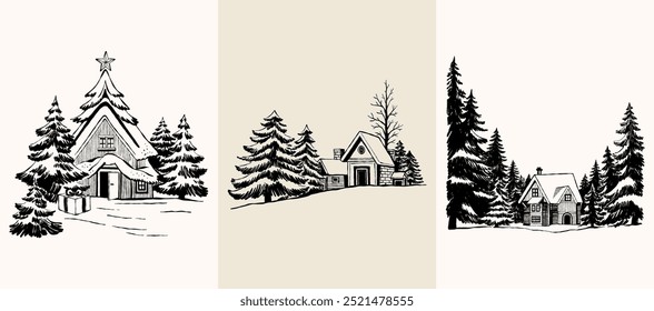 Merry Christmas and Happy New Year illustration, for greeting cards, posters, holiday covers. Xmas festive linocut black hand drawn.