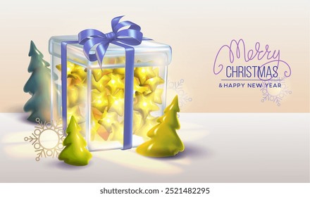 Merry Christmas and Happy New Year card. Background with realistic transparent festive gifts box full of glowing stars. Xmas present. Holiday gift surprise banner, poster, flyer, greetings