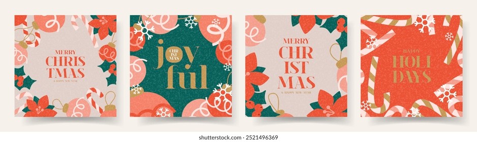 Feliz Navidades y tarjetas de Feliz Año Nuevo. Ilustración vectorial de moda con decoración navideña y diseño tipográfico. Anuncios contemporáneos minimalistas de Nuevo año para anuncios, póster, portada, redes sociales.