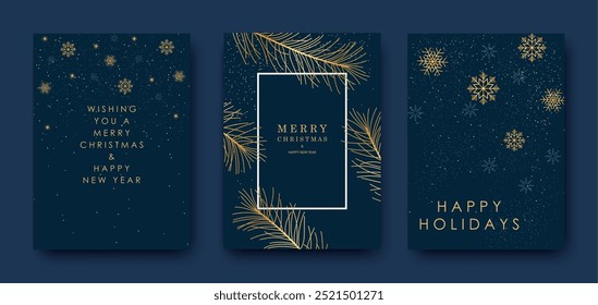 Merry Christmas and Happy New Year, luxury brochure cards, greetings, poster, holiday vector illustration set. Snowflakes, Christmas tree on a blue background.