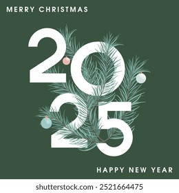 Merry Christmas and Happy New Year modern design template with fir branches. Christmas card, poster, website cover or social media banner.