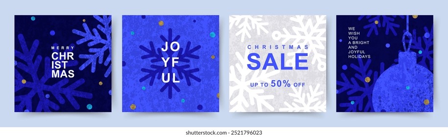 Merry Christmas and Happy New Year Set of greeting card, poster, holiday cover. Christmas sale, social media post with snowflakes in blue color. Winter illustration for ads, print, season banner 