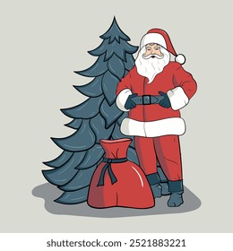 Merry christmas and Happy New Year. Santa Claus with a gift box, christmas tree and decoration. Winter holiday composition.
