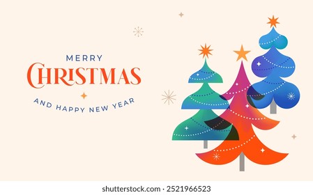 Merry Christmas and Happy New Year. Concept Christmas background with colorful geometrical style winter village. Homes, trees, decorations elements. Vector flat style Illustration