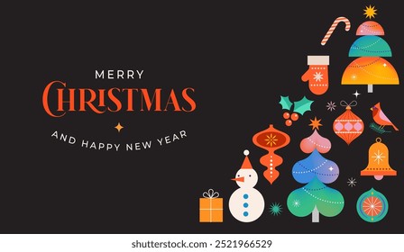 Merry Christmas and Happy New Year. Concept Christmas background with colorful geometrical style winter village. Homes, trees, decorations elements. Vector flat style Illustration