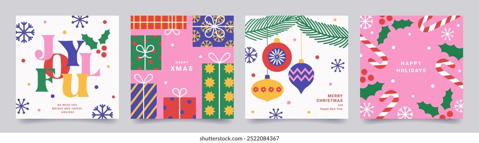 Merry Christmas and Happy New Year set of greeting cards. Modern geometric Xmas design with typography,  Christmas tree and balls, gifts, holly, candys. Vector templates banner, poster, holiday cover.