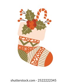 Merry Christmas and Happy New Year naive clip art for greeting card. Vector flat illustration of ornate sock with candy cane, mistletoe, berries, winter plants. Flat Design. 