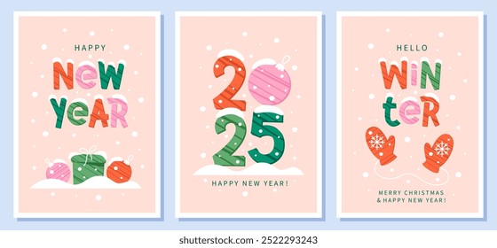 Merry Christmas and Happy New Year 2025 greeting card set. Modern design posters for winter holidays. Vector illustration for banner, cover or calendar.