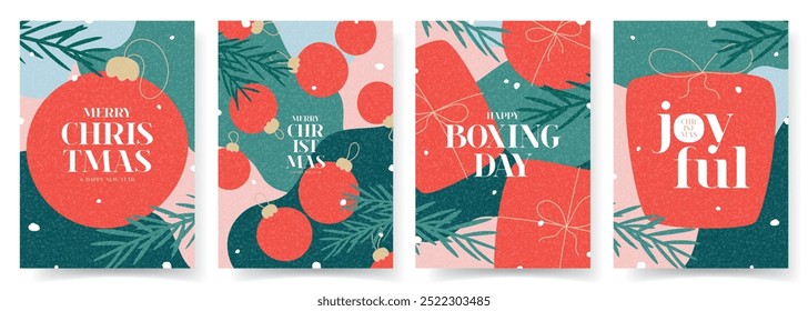 Merry Christmas and Happy New Year greeting posters. Trendy vector illustration with Christmas balls and boxes and typography design. Minimalist New Year flyers for card, poster, cover, social media.