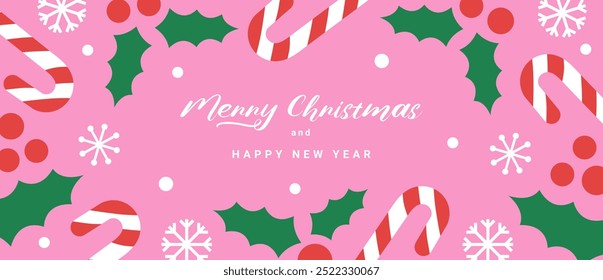 Merry Christmas and Happy New Year banner. Trendy minimalist design with candy canes, leaves mistletoe and red berries, snowflakes. Vector flat template for horizontal poster, greeting card.