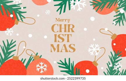 Merry Christmas and Happy New Year greeting card or web banner. Modern beautiful Xmas design with typography, Christmas tree branches, balls, snowflake pattern. Minimal art poster, cover template