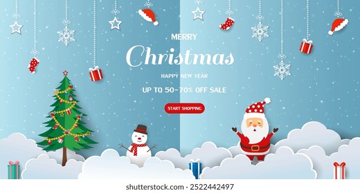 Merry Christmas and Happy new year sale horizontal background on paper art style,vector illustration