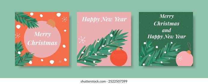 Merry Christmas and Happy New Year cards, set. Bright Christmas and New Year banners. Vector.