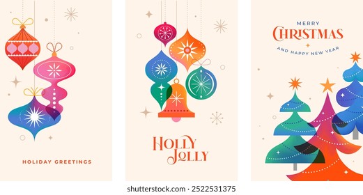 Merry Christmas and Happy New Year. Vertical cards, banners design. Concept Christmas background with colorful geometrical style winter village. Homes, trees, decorations elements. Vector set of