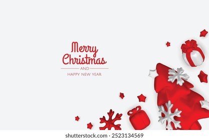 Merry Christmas and happy new year background. Christmas tree, Gift boxes, Christmas balls. Christmas element for web, banners, greeting card, template design.