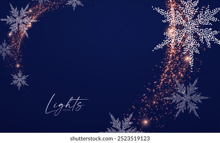 Merry Christmas and Happy New Year design with snowflakes and lights. Shining winter background