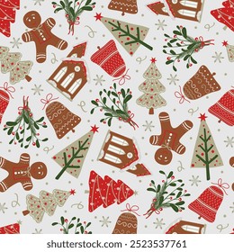 Merry Christmas and Happy New Year  seamless pattern.  Xmas minimal pattern  design with festive trees with balls and other symbols. Vector