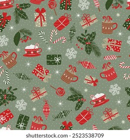 Merry Christmas and Happy New Year  seamless pattern.  Xmas minimal pattern  design with festive trees with balls and other symbols. Vector