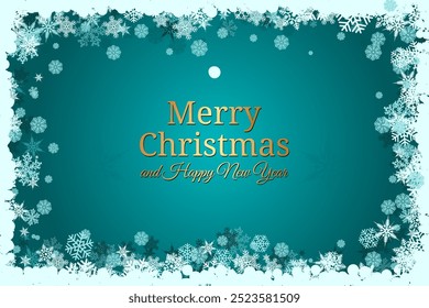 Merry Christmas and Happy New Year Card with Colorful Ornaments and Pine Branches on Cyan Background