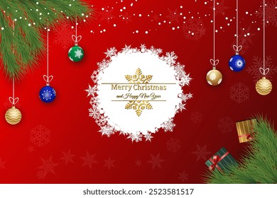 Merry Christmas and Happy New Year Greeting Card with Hanging Ornaments on Red Background