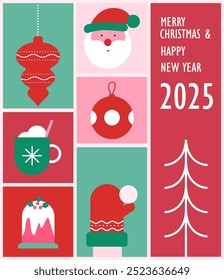 Merry Christmas and Happy New Year Set of backgrounds, greeting cards, posters, holiday covers. Design templates with typography,  in modern minimalist style for web, social media, print.