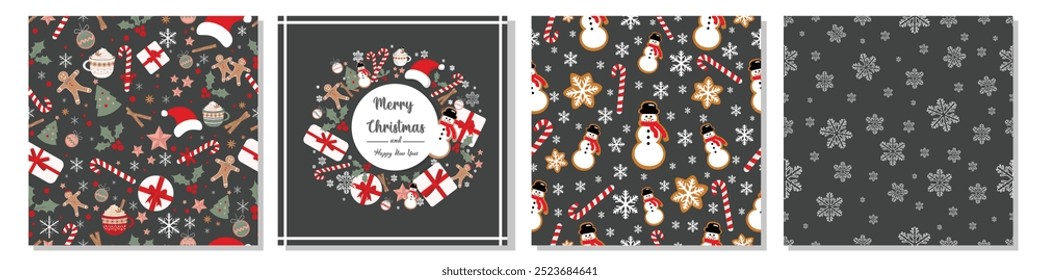 Merry Christmas and Happy New Year Greeting Card and decorative seamless patterns. Beautiful Christmas different patterns set collection on grey backgrounds.