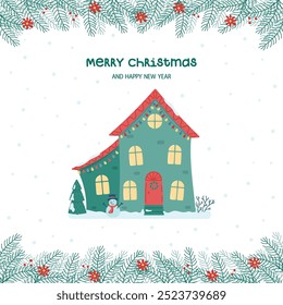 Merry Christmas and Happy New Year greeting card. Cute Christmas and winter house. Decorated house on the background of the falling snow, fir trees and a snowman. Vector illustration in flat style.