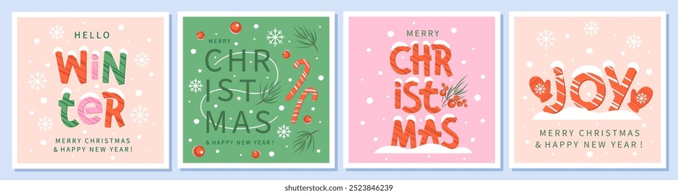 Conjunto de tarjetas de felicitación de feliz Navidad y feliz año Nuevo. Modernos y hermosos carteles Plantillas para las vacaciones de invierno. Ilustración vectorial para el Anuncio de la estación, cubierta, publicidad, ventas, impresión.