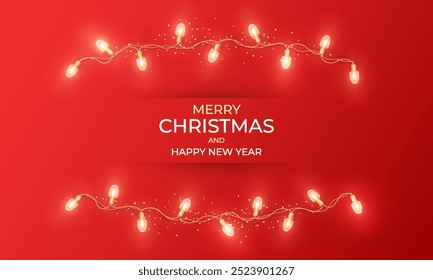 Merry Christmas and Happy New Year red vector background design. Realistic decoration with glass yellow or golden lights garland with glitter confetti and sparkles. Xmas banner.