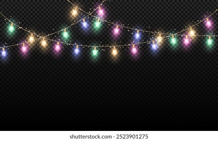 Merry Christmas and Happy New Year garland collection on transparent background. Realistic decoration with colorful glass lights with glitter and sparkles