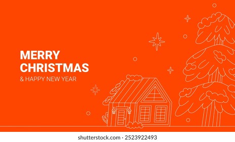 Merry Christmas and Happy New Year festive design with house and Christmas Tree in modern line art style. Winter red background with falling snow. Xmas decoration. Vector illustration.