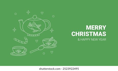 Merry Christmas and Happy New Year festive design with Hot Christmas tea in modern line art style. Winter blue background. Vector illustration.