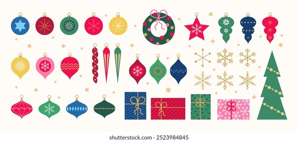 Merry Christmas and Happy New Year geometric decoration set. Trendy minimal vintage design elements isol Flat style. Vector illustration.