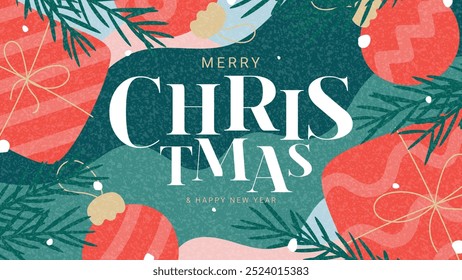 Merry Christmas and Happy New Year greeting banner. Trendy vector illustration with Christmas balls and boxes and typography design. Minimalist New Year banner for card, poster, cover, social media.