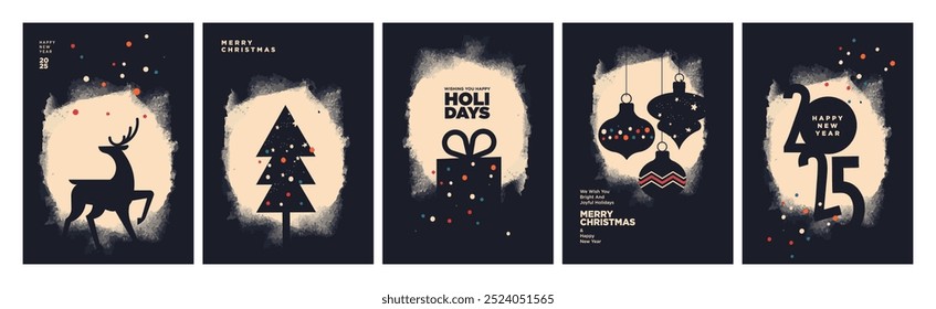 Feliz Navidades y Feliz Año Nuevo Tarjetas de Felicitación. Conceptos de Ilustración vectorial para el fondo, tarjeta de felicitación, tarjeta de invitación del partido, Anuncio de Sitio web, Anuncio de redes sociales, material de marketing.