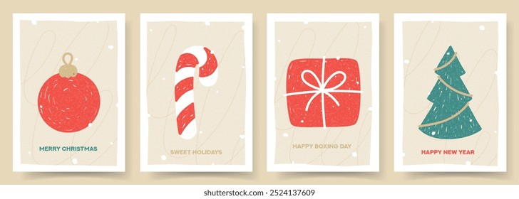 Feliz Natal e cartazes retrô de feliz ano novo. Ilustração vetorial com elementos decorativos natalinos retrô e rabiscos. Folhetos de Ano Novo minimalistas para cartão, cartaz, capa, mídias sociais.