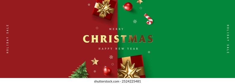 Merry Christmas and happy new year promotion banner with festive decoration for christmas