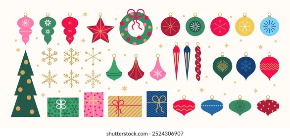 Merry Christmas and Happy New Year geometric decoration set. Trendy minimal vintage design elements isolated on a  white background. Christmas tree, snowflakes, gifts. Flat style. Vector illustration.