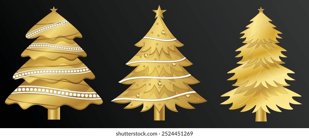 Merry Christmas and happy new year banner. Set of Stylish luxury golden line Christmas tree, snowflake decoration, stars. Suit for poster, flyer, cover, banner, brochure, Gold Shining Pine